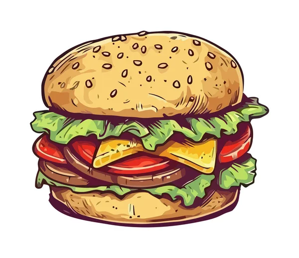 Grilovaný Burger Sezamovou Houskou Sýrovou Ikonou Izolovanou — Stockový vektor