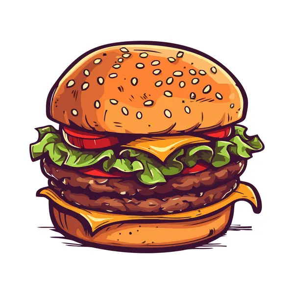 Жареный Чизбургер Булочке Кунжута Вкусная Икона Еды Изолированы — стоковый вектор
