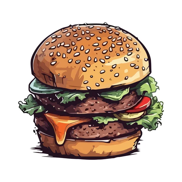 Gegrillter Cheeseburger Auf Sesambrötchen Mit Pommes Ikone — Stockvektor