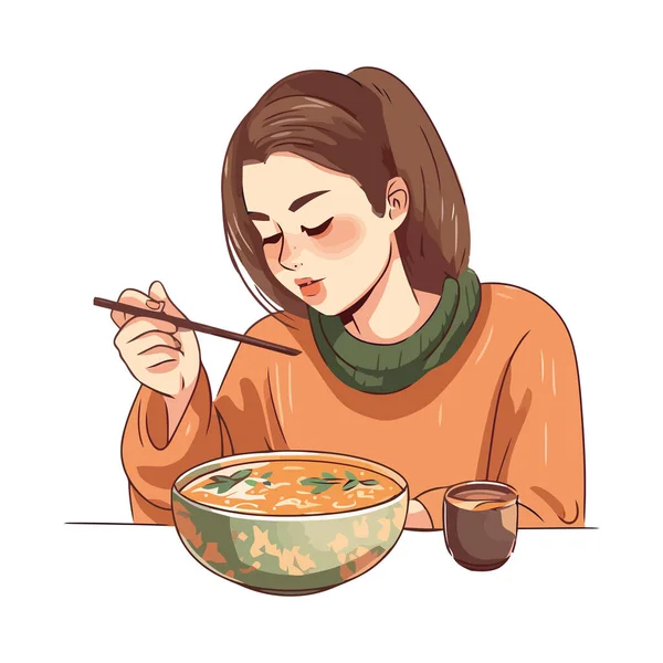 Cute Young Adult Eating Soup Cozy Kitchen Icon Isolated — Stock Vector