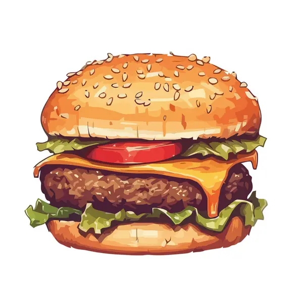 有烤肉和洋葱图标隔离的美味芝士汉堡餐 — 图库矢量图片
