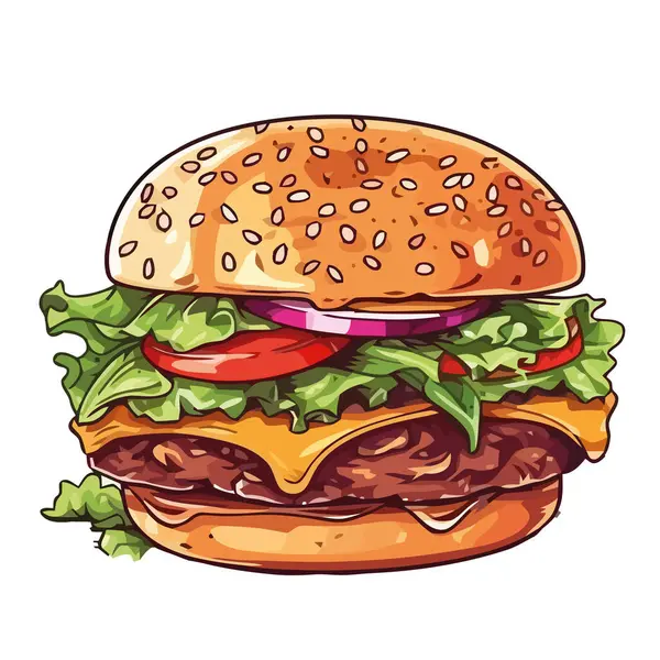Susamlı Çörek Ikonunda Izgara Çizburger — Stok Vektör