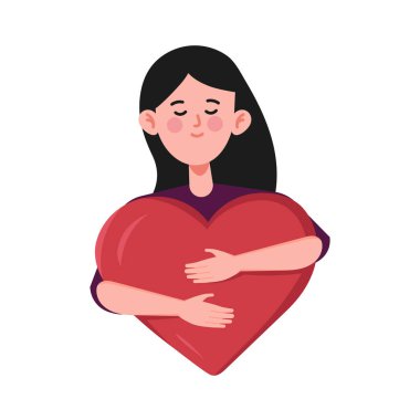 Sarılma günü illüstrasyonunda kalp taşıyıcısına sarılan bir kadın izole edilmiş.