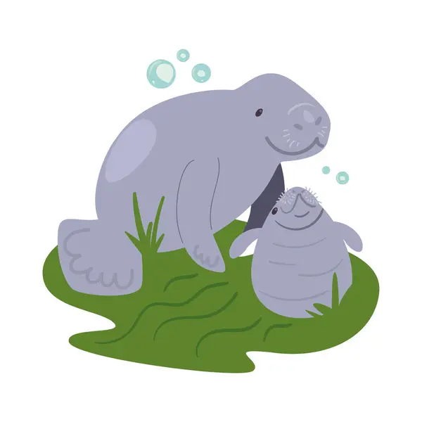 stock vector mother and cub of seacow isolated