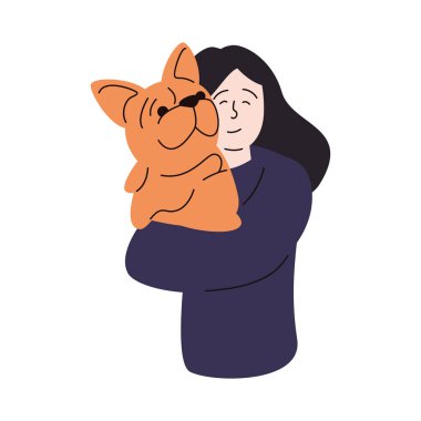 Büyük köpeğini sevgiyle kucaklayan kadın, izole edilmiş vektör çizimi.