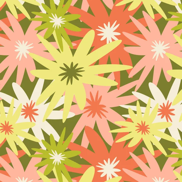 カラフルな投げスタイルのガーベラの花のシームレスなパターンイラスト 正方形のタイルを繰り返す表面設計要素 — ストックベクタ