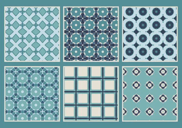 ブルーとクリームの6つの幾何学的な抽象的なエレガントなパターンのセット レトロなスタイルの幾何学は壁紙タイルを繰り返し 繊維とウェブサイトのためのシームレスなパターンセット — ストックベクタ
