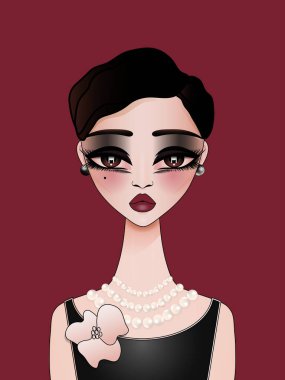 Güzel moda kızı çizimi. Güzel resimli karikatür kızı karakteri. 