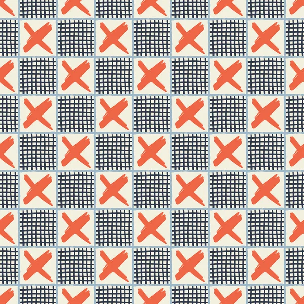 Tribal Style Hand Drawn Checkered Vector Pattern Seamless Repeat — Archivo Imágenes Vectoriales