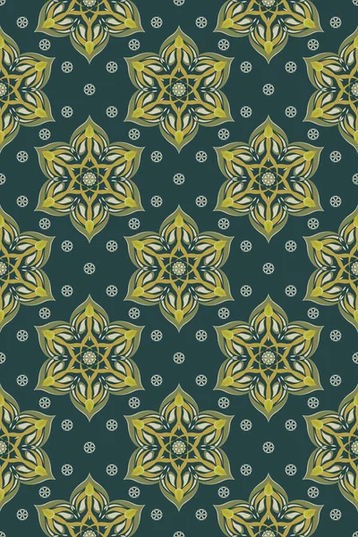 Indian Style Seamless Vector Pattern Flower Star Green Gold Tones — Archivo Imágenes Vectoriales