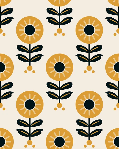 Seamless Vector Folk Scandinavian Half Drop Floral Pattern Stylized Sunflowers — Wektor stockowy