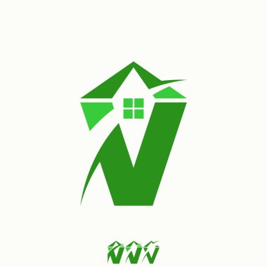 Logo tasarımı grafik konsepti yaratıcı premium vektör stok resim üstü satış ilk V serif yazı tipi çatıda kesilmiş swoosh monogram özelliği ev