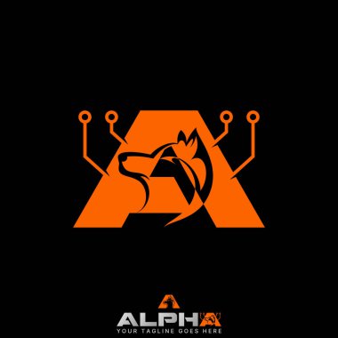 Logo tasarımı grafik konsepti yaratıcı premium vektör stok resim üstü ilk olarak bir yazı tipi başı kurt hayvan vahşi nokta teknoloji tilki avcısı alfa monogram sattı