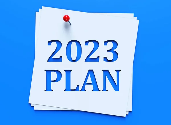 2023 Hedef, Plan, Eylem kelimesi mavi arkaplan üzerine beyaz kağıt