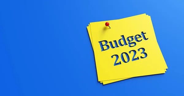 Texto Presupuesto 2023 Papel Amarillo Sobre Fondo Azul —  Fotos de Stock