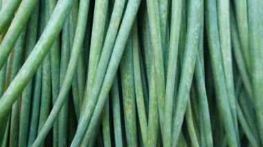 Arka plan olarak taze, sulu pırasa, yakın plan. Doğal arkaplan.