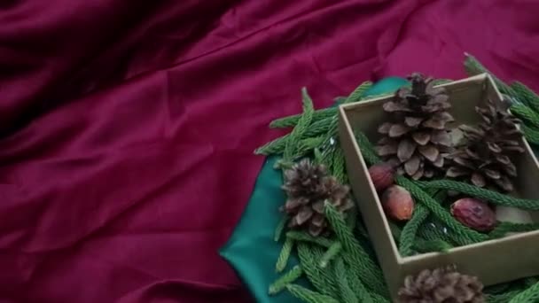 Weihnachten Hintergrund 360 Grad Drehung Tannenblätter Getrocknete Kiefern Und Geschenkkartons — Stockvideo