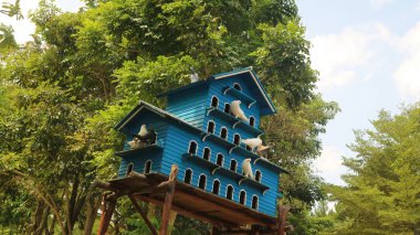 Kümesteki güvercin sürüsü mavi arka planlı yeşil ağaca karşı