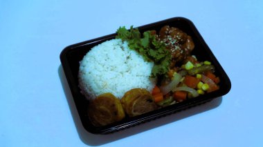 Nasi Bento 'nun öğle yemeği paketinde pirinç, tavuk ve sebze var. Endonezya Başkanı Prabowo hükümeti okul çocuklarına ücretsiz öğle yemeği sağlıyor.