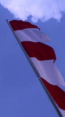 Endonezya bağımsızlık günü kutlamaları sırasında mavi gökyüzü arkaplanlı kırmızı ve beyaz flamalar, boşluğu kopyala