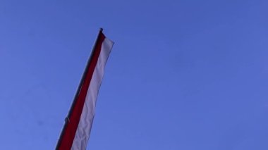 Endonezya bağımsızlık günü kutlamaları sırasında mavi gökyüzü arkaplanlı kırmızı ve beyaz flamalar, boşluğu kopyala
