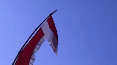 Endonezya bağımsızlık günü kutlamaları sırasında mavi gökyüzü arkaplanlı kırmızı ve beyaz flamalar, boşluğu kopyala