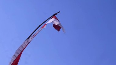 Endonezya bağımsızlık günü kutlamaları sırasında mavi gökyüzü arkaplanlı kırmızı ve beyaz flamalar, boşluğu kopyala