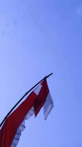Endonezya bağımsızlık günü kutlamaları sırasında mavi gökyüzü arkaplanlı kırmızı ve beyaz flamalar, boşluğu kopyalayın