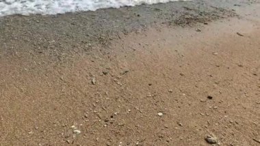 Sahildeki küçük dalgaların 4K videosu, kıyıdaki küçük dalgalar. Sakin ve sığ sularda hafif dalgalar dans etti. Malang Endonezya 'daki Kondang Merak Sahili