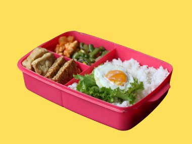 Dengeli, sağlıklı bir pirinç, yumurta, kızartılmış sebze ve tofu-tempeh yemeği, meşgul öğrenciler ve ofis çalışanları için uygundur. Prabowo 'nun Endonezya' daki öğle yemeği programı bir beslenme çantasında servis edildi..