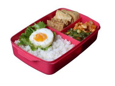 Dengeli, sağlıklı bir pirinç, yumurta, kızartılmış sebze ve tofu-tempeh yemeği, meşgul öğrenciler ve ofis çalışanları için uygundur. Prabowo 'nun Endonezya' daki öğle yemeği programı bir beslenme çantasında servis edildi..