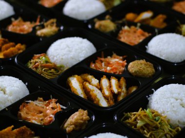 Katsu tavuğu, pilav, şehriye, patates püresi, sebze salatası ve börek, izole edilmiş beyaz bento kutusunda servis edilir, kopyalama alanı. Öğrenciler için uygun ve yoğun bir öğle yemeği. Besleyici gıdaları dengelemek. 