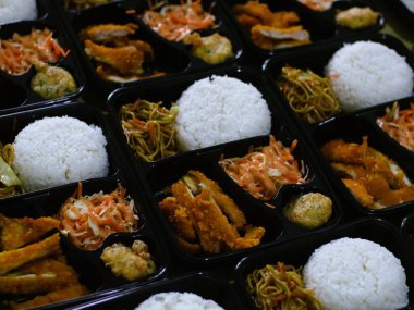 Amount of bento box meal containing katsu chicken, rice, noodles, mashed potatoes, vegetable salad, and fritter, isolated white, copy space. Suitable for students and busy worker lunch. Balance nutritious food. home business opportunity