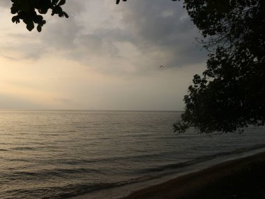 Tropiklerdeki lüks bir plajda panoramik günbatımı manzarası sakin okyanusun üzerinde sakin bir gün batımı.