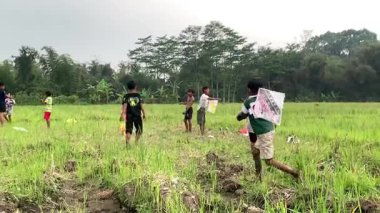 Endonezyalı çocuklar E alanında uçurtma uçuruyor, yaz mevsiminde kırsal aktiviteler, neşeli birliktelik kavramı