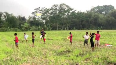 Endonezyalı çocuklar E alanında uçurtma uçuruyor, yaz mevsiminde kırsal aktiviteler, neşeli birliktelik kavramı