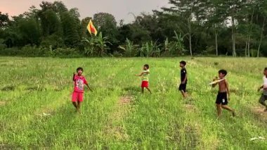 Endonezyalı çocuklar E alanında uçurtma uçuruyor, yaz mevsiminde kırsal aktiviteler, neşeli birliktelik kavramı