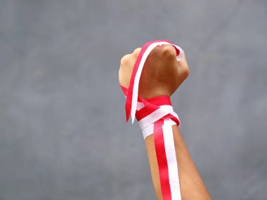 Endonezya 'nın bağımsızlık günü kutlamaları sırasında gri arka planda kırmızı ve beyaz kurdele takan eli sıkılmış, boşluğu kopyala