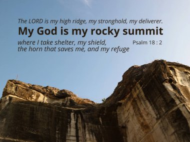 Inspirational Bible verse emphasizing the abundance of blessing, heavenly treasure, God's protection, and His strength as a fortress and rocky summit.