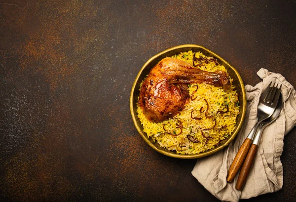 Delicious Indian Dish Biryani Chicken Basmati Rice Metal Brass Old — Stock Photo, Image