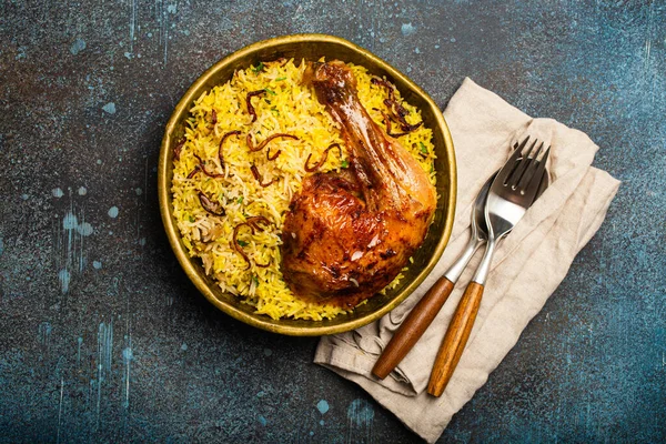 Delicious Indian Dish Biryani Chicken Leg Basmati Rice Metal Brass — Stock Photo, Image