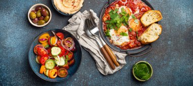 Orta Doğu geleneksel kahvaltısı ya da Shakshouka yumurtalı brunch tostlar, taze sebze salatası, humus ve zeytinler yukarıdaki kırsal beton arka plan masasında.