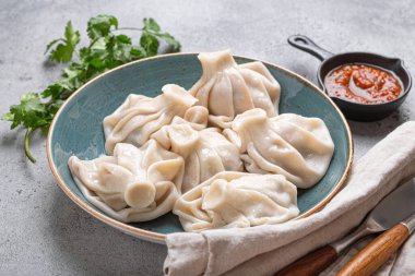 Georgian dumplings Khinkali on plate with red tomato sauce and fresh cilantro angle view on rustic stone background, traditional dish of Georgia