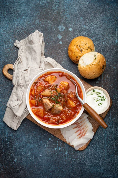 Ukrainian Borscht Red Beetroot Soup Meat White Bowl Sour Cream — Stockfoto