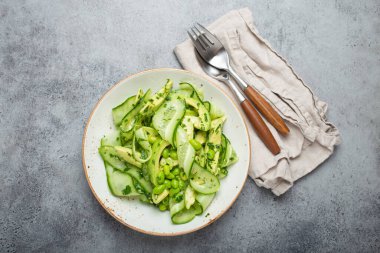 Healthy vegan green avocado salad bowl with sliced cucumbers, edamame beans, olive oil and herbs on ceramic plate top view on grey stone rustic table background