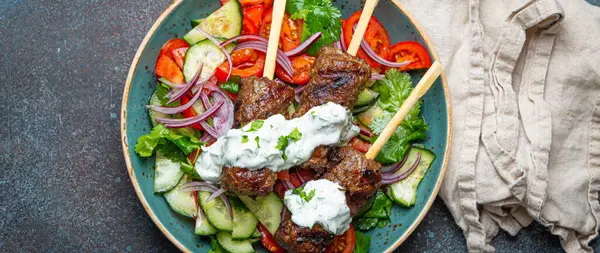 Grilled Skewer Meat Beef Kebabs Sticks Served Fresh Vegetables Salad Stok Fotoğraf
