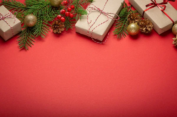 Weihnachten Oder Neujahr Feier Rotes Papier Festlichen Hintergrund Mit Dekoration Stockbild