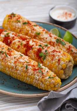 Elotes, kremalı, peynirli ve baharatlı soslu mısır koçanının üzerinde ızgara mısır bulunan popüler bir Meksika sokak yemekleridir.