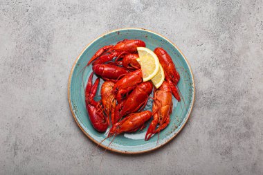 Taze pişmiş kerevit ve limon dilimleriyle dokulu gri bir arka planda lezzetli ve iştah açıcı bir deniz mahsulü yemeği oluşturan köy mavisi tabağın üst görüntüsü.