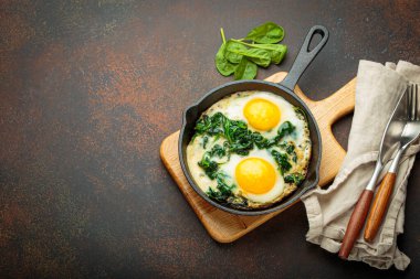 Sağlıklı demir bir tavada ıspanaklı omlet besleyici ve lezzetli bir kahvaltı ya da brunch için servis edilmeye hazır.